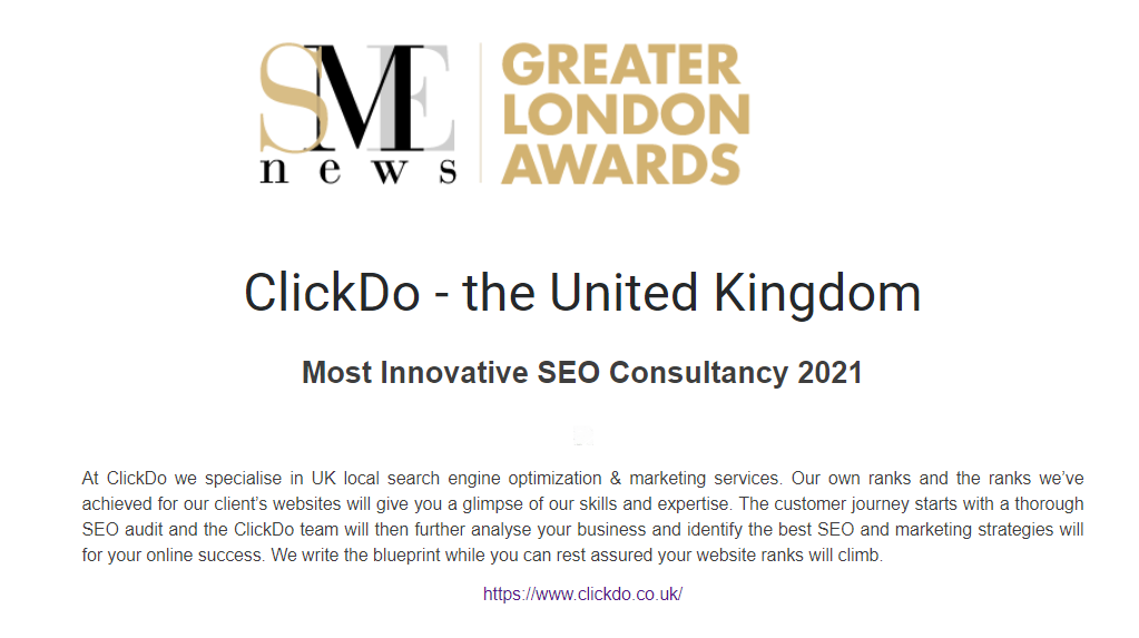 ClickDo wins SME News Award 2021 for Most Innovative SEO Consultancy 2021