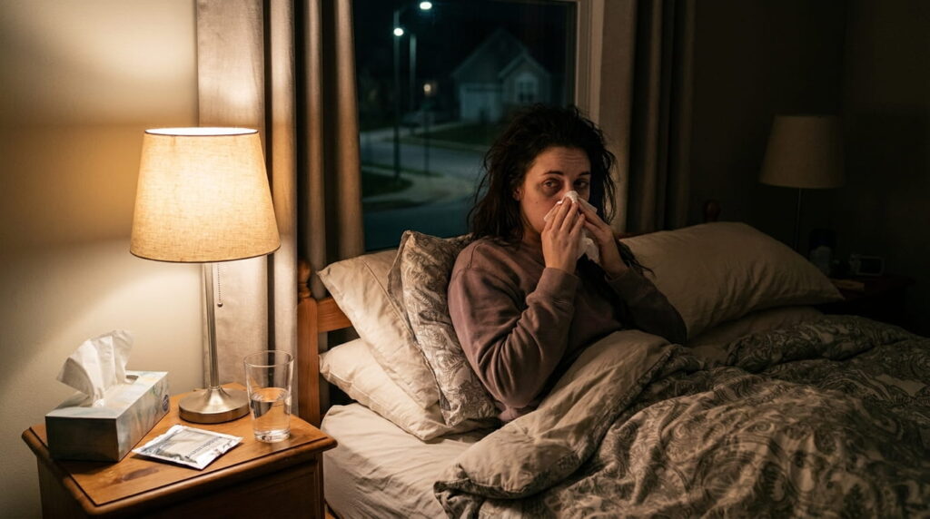 woman-awake-at-night-with-hay-fever-congestion-and-antihistamine-on-bedside-table