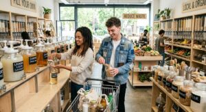 gen-z-shoppers-refilling-reusable-containers-with-shampoo-laundry-liquid-and-dry-food