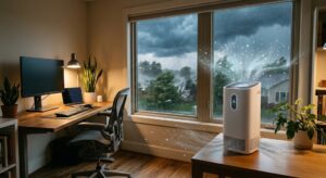 home-office-with-a-sleek-HEPA-air-purifier-operating-indoors-while-extreme-weather