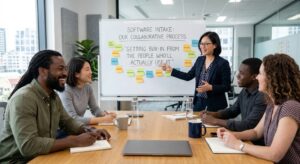 business-team-evaluating-software-and-sharing-feedback-before-softwatre-purchase
