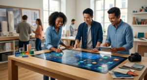 team-collaborating-account works-at-a-digital-work-table