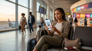 woman-sitting-in-airport-viewing-blocked-smartphone-screen