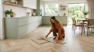 Woman-laying-light-wood-herringbone-flooring-samples