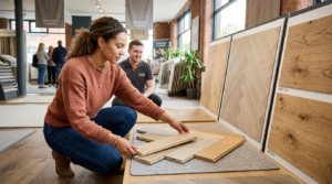 Woman-choosing-herringbone-flooring-planks-in-showroom