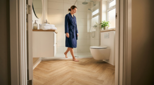 Woman-walking-on-light-wood-lvt-herringbone-floor